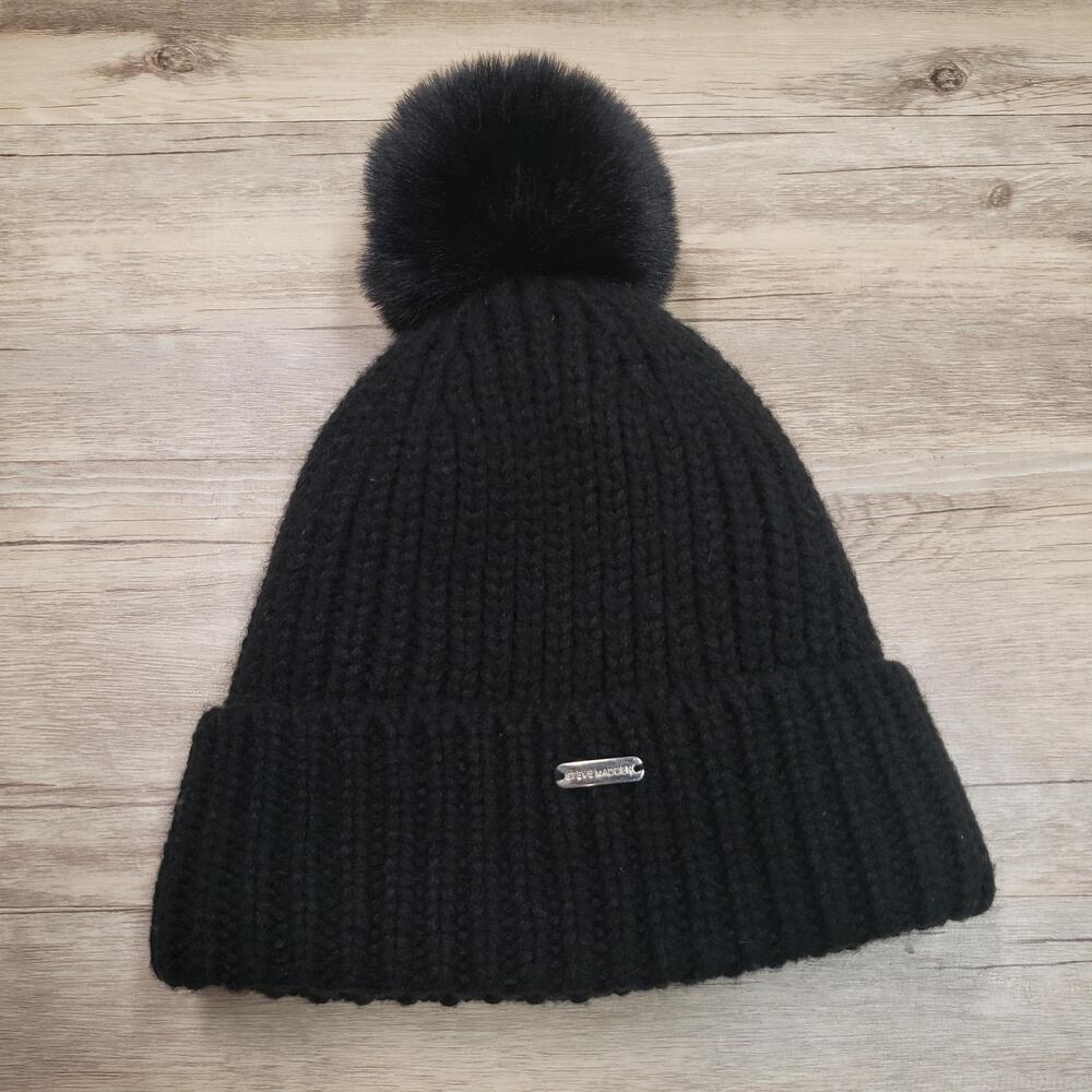 Steve Madden Hat Beanie Pom Womens One Size Black Faux Fur Lined Knit Winter